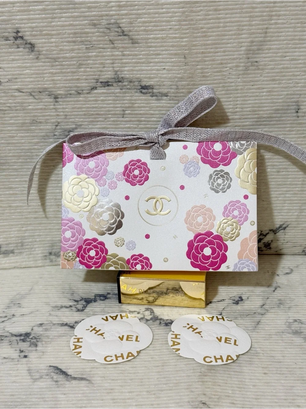 Chanel Beauty Pink Gold Camellia Floral Gift Bag with 2 Chanel Camellia Stickers